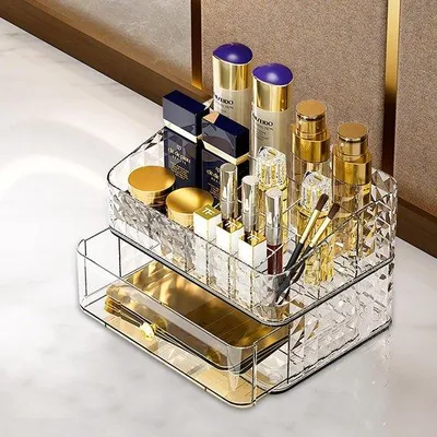 Image de Organisateur de maquillage et de bijoux Ibzoa® en PET – spacieux, avec 1 tiroir amovible, 11 compartiments, sans BPA et étanche, dimensions : 23,8 x 17,3 x 15,6 cm