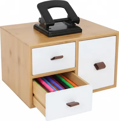 Image de Relaxdays - Meuble à tiroirs en bambou et MDF, 3 tiroirs, poignées, dimensions : 15 x 25 x 20 cm, rangement de bureau, naturel/blanc