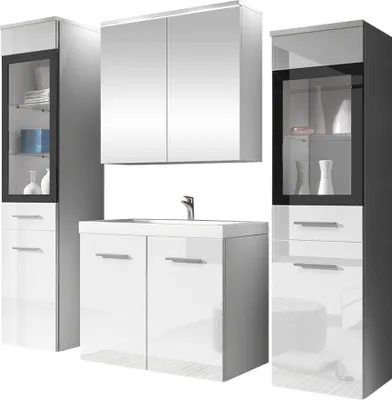 Produktbild von MIRJAN24 Badmöbel-Set Madrit II, Badezimmer-Set mit Spiegel und Waschbecken (Farbe: Weiß / Weiß Hochglanz, mit Siphon, ohne Beleuchtung)