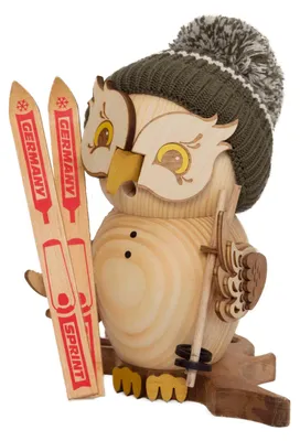 Produktbild von Drechslerei Kuhnert - Räucherfigur Eule als Skifahrer - Größe ca. 15cm, für Räucherkerzen Größe M (Standard) - 37208