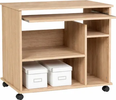 A light brown wooden computer desk with a pull-out keyboard tray and shelves, on wheels.