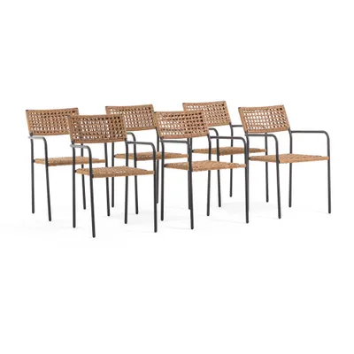 Produktbild von 6er-Set stapelbare Stühle aus lackiertem Stahl und geflochtenem Polyrattan, leicht, elegant, ideal für Garten, Terrasse, Bar und Restaurants Paula