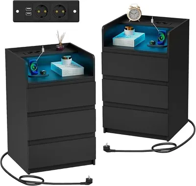 Produktbild von Nachttisch mit Steckdose,Nachtschrank mit LED-Lichtleiste | 3 Schubladen und 1 Fach,Moderner Nachttische Beistelltisch,Sofatisch für Schlafzimmer,Wohnzimmer (2, schwarz) BNS014B