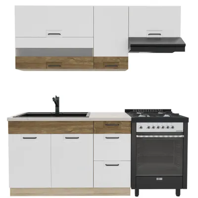 Productafbeelding van Keukenwand 180 cm - FAVORIT E - Werkblad van travertin - Wit hoogglanz - Sonoma eikenhout - Eénpersoonskeuken zonder apparatuur - Metalen lades