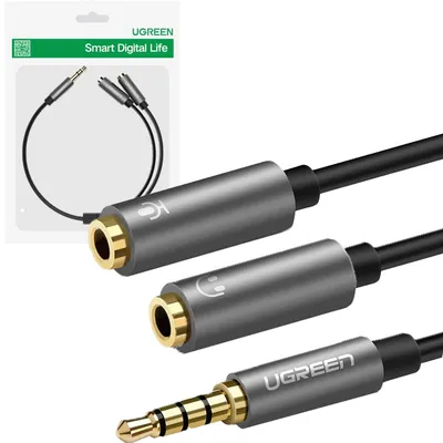 Zdjęcie produktu dla Ugreen Kabel Przewód Rozdzielacz Słuchawkowy 3,5 Mm Mini Jack Aux Mikrofon 20Cm (Mikrofon + Wyjście Stereo) Srebrny (30619)