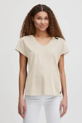 Produktbild von OXMO OXSABINE Damen Bluse Shirt aus Leinenmix mit V-Ausschnitt und Knopfverschluss am Rückenausschnitt