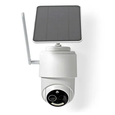 A white outdoor security camera with a solar panel and antenna, shown against a white background.
