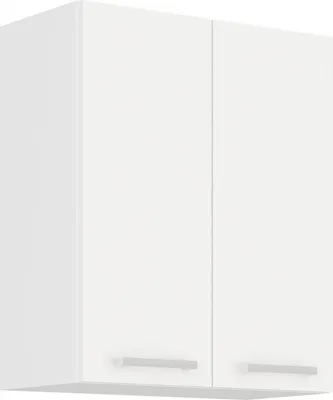 A white kitchen wall cabinet with two doors and silver handles.