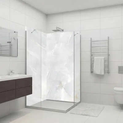 Produktbild von dedeco Eck-Duschrückwände Aluminium wasserfest Motiv: Marmor V1, 2 x 90x200x0,3cm, Badrückwand, Fliesenersatz fugenlos Wandverkleidung Wandpaneele,  Germany