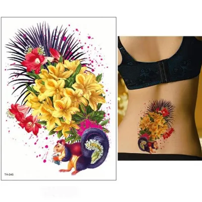 Produktbild von Temporäres Tattoo Eichhörnchen Blumen Design Temporary Klebetattoo Körperkunst
