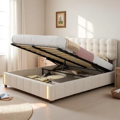 Produktbild von UnboxG Polsterbett 140×190 cm in Beige mit Stauraum, LED-Licht am Fußteil – stilvolles Doppelbett, Samt