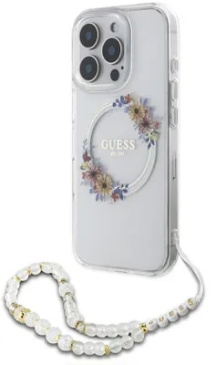 Zdjęcie produktu dla Etui Guess na tył – iPhone 16 Pro – przezroczyste – z obsługą MagSafe i wzorem wianka z kwiatów