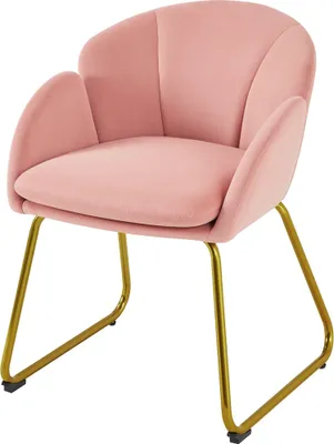 A pink velvet chair with gold metal legs against a white background.