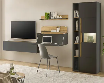 Produktbild von Wohnwand mit Sekretär "Center" in grau matt und Wotan Eiche Wohnkombination 5-teilig 340 x 200 cm, inklusive Beleuchtung