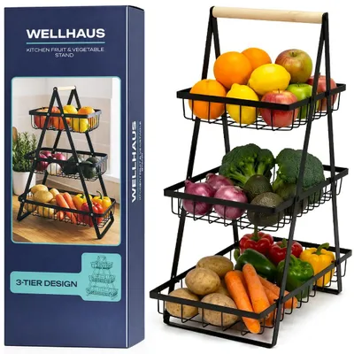 Immagine prodotto di WELLHAUS Alzata a 3 ripiani Acciaio al carbonio – Cestino rimovibile per frutta, verdura e snack, nero