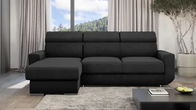 Produktbild von GOLDSTOFF HUGO Ecksofa 202 x 130 cm mit Schlaffunktion & Bettkasten – L-Form Schlafsofa mit Kopfstützen und Relaxfunktion (Schwarz)