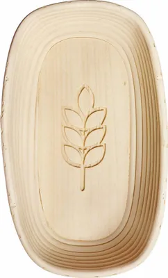 A top-down view of an oval-shaped bread proofing basket made of natural material, with a wheat stalk design embossed in the center.