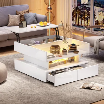 Produktbild von okwish Höhenverstellbarer Couchtisch Beistelltisch mit Verstecktem Stauraum,Hochglanz-Wohnzimmertisch Sofatisch mit 2 Schubladen und LED-Leuchten,Weiß