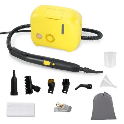 A yellow steam cleaner with various attachments laid out on a white background.