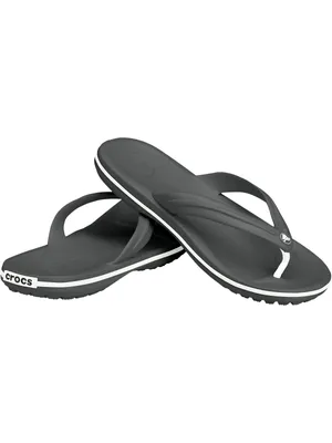 A pair of black Crocs flip-flops with white trim, displayed on a white background.