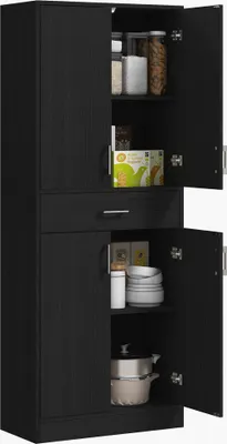 Produktbild von Hoher Kš¹chenschrank mit 4 Tš¹ren, 2 Schr?nken und 1 Schublade in der Mitte, 180 cm hoch, mit 2 verstellbaren Einlegeb?den, schwarz