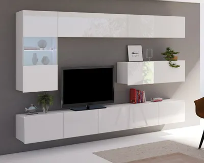 Obrázek produktu pro Nástěnná skříňka Amanda III nástěnná skříňka s vitrínou dvě tv skříňky celková šířka 255 cm (bílá matná + bílá lesklá čela)