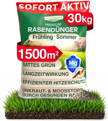 Zdjęcie produktu dla Nawóz do trawników DÜNGEMEISTER dla bujnego zielonego trawnika marzeń - zdrowy, gęsty i bujny zielony trawnik natychmiast z rewolucyjną formułą KI - długotrwałe NPK / organiczne wiosna / lato (30 kg), Obraz wygenerowany przez AI
