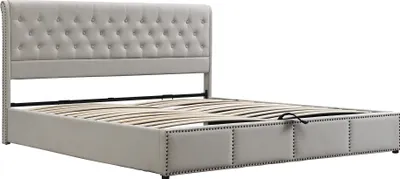 Produktbild von Flieks Polsterbett 160x200cm Doppelbett mit Lattenrost, Hydraulisches Boxspringbett mit Stauraum und Kopfteil, Stauraumbett Funktionsbett Ehebett LeinenStoff, Hellgrau