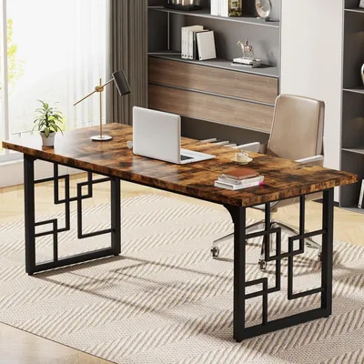 Image de Bureau de 160 x 80 x 75 cm, en bois avec pieds en métal noir, de couleur marron rustique