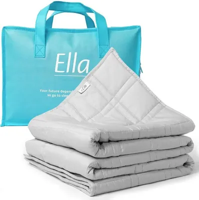 A folded gray weighted blanket is shown next to a light blue tote bag with the brand name "Ella" printed on it.