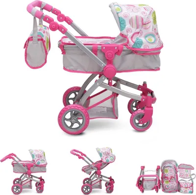 Produktbild von Puppenwagen pink Rose 9651B, verstellbarer Schiebegriff, Sonnendach, Tasche