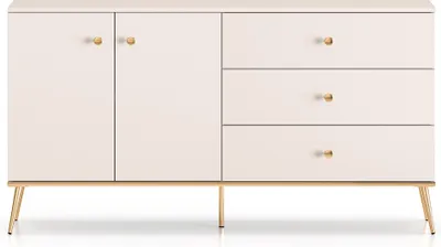 A front view of a beige sideboard with gold accents and legs, set against a white background.