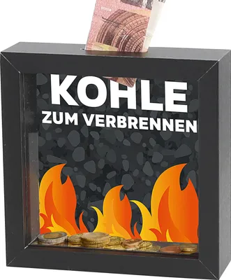 Produktbild von Spardose 'Kohle verbrennen' Bilderrahmen 13x4cm schwarz MDF Glas Sparbüchse Gelddose Geldgeschenk Feuermotiv