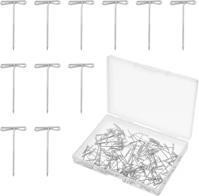 Obrázek produktu pro 100 nerezových jehel s háčkem ve tvaru T, délka 2,5 cm, na šití, ruční práce a zdobení.
