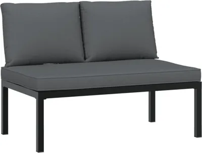 A modern, minimalist outdoor bench with dark gray cushions and a black metal frame, presented on a clean white background.