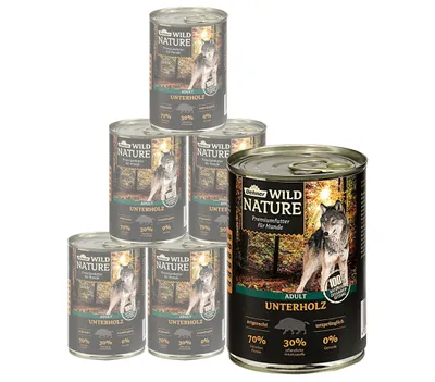 Produktbild von Dehner Wild Nature Hundefutter Unterholz, Nassfutter getreidefrei / zuckerfrei, für ausgewachsene Hunde, Rind / Wildschwein / Lamm, 6 x 400 g Dose (2.4 kg)