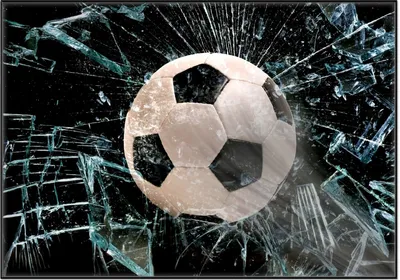 Produktbild von Wallario Wandbild Fußball - im Fenster, Splitter und Glas, Größe: 70,30 x 100,30 cm, Poster mit schwarzem Aluminiumrahmen