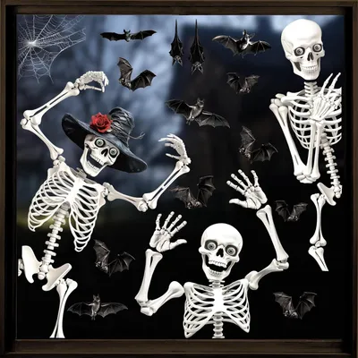Productafbeelding van Halloween raamdecoraties, 4 stuks, horror-thema, afbeeldingen van menselijke skeletten, decoratieve stickers, herbruikbaar, geschikt voor Halloween-decoraties en decoraties voor een griezelpartij