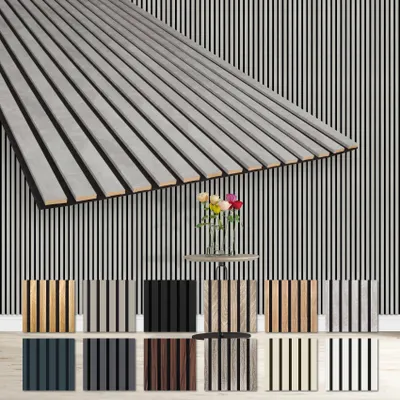 A collage of acoustic wall panels in various colors and wood finishes, displayed against a striped background. Some panels are shown as individual samples, while a large panel is angled in the foreground. A vase of flowers on a small table is also present.