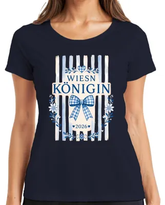 Productafbeelding van Wiesn Königin 2026, sjaal met bloemenprint, traditionele kleding, volksfeest, lederen broek, dames T-shirt, marineblauw, maat M