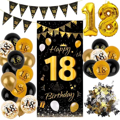 Immagine prodotto di Set di decorazioni per il 18° compleanno, nero e oro, con striscione "Buon Compleanno" e palloncini