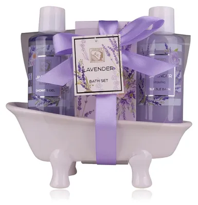 Produktbild von Duschset 3-teilig LAVENDEL in Keramikbadewanne – Duschgel, Schaumbad, Badesalz