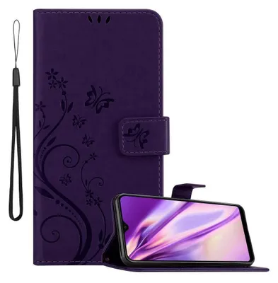 A purple phone case with a floral and butterfly design is shown open, with a smartphone inside. A wrist strap is attached to the case.