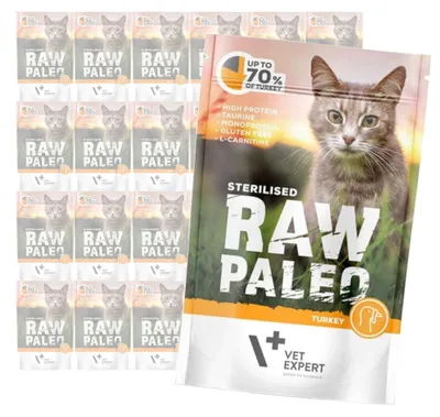 Zdjęcie produktu dla Vet Expert Raw Paleo Sterilised Turkey 24x100g Saszetka Karma Mokra z Indykiem Dla Kotów Sterylizowanych