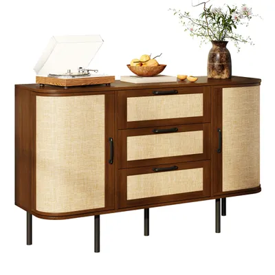 Produktbild von Sideboard 120 cm mit 2 Türen 3 Schubladen, Flechtfront, höhenverstellbaren Einlegeböden, MDF, Nussbaum, schwarze Metallfüße, Kommode Beistellschrank