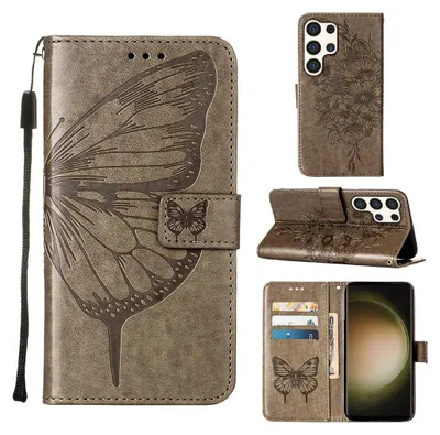 Produktbild von Galaxy S25 Ultra Hülle, Schmetterling Prägung Leder Kartenfächer Schutzhülle mit Ständer für Samsung Galaxy S25 Ultra Grau