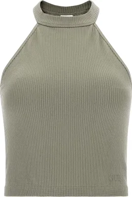 Produktbild von Guess Top Unifarbenes Crop-Top Tori mit Spitzenbesatz und Label-Detail in Feinripp-Optik