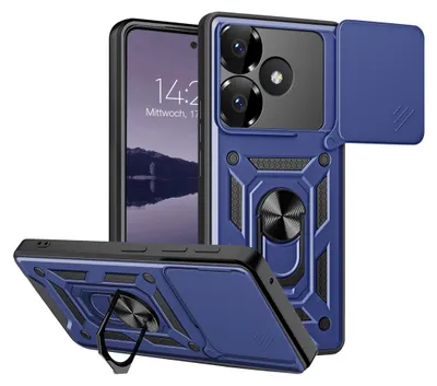 A blue rugged phone case with a camera cover and a ring stand, shown from multiple angles.