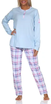 Produktbild von Normann Damen Schlafanzug mit karierter Pyjama-Hose aus Jersey - auch in Übergröße ; hellblau , 48