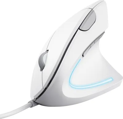 A white vertical mouse with blue LED lighting is shown against a white background.
